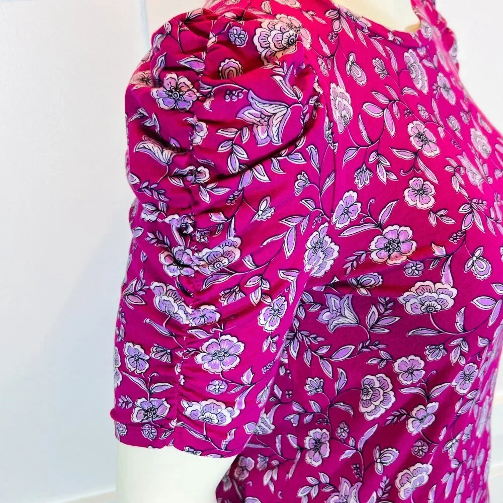 LOFT Blouse Womens M Purple Floral Chintz Short Puff Ruched Sleeves Round Neck